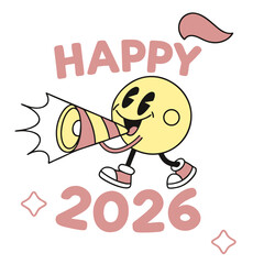Cheerful yellow character blowing party horn with happy new year text vector