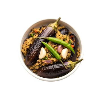 A Smoky Bowl of Bangladeshi Begun Bhorta a Flame-Roasted and Mashed Eggplant Dish on isolated transparent background