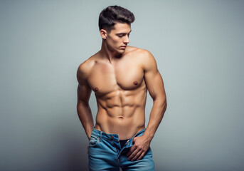 Muscular Man with Open Jeans Posing in Studio.