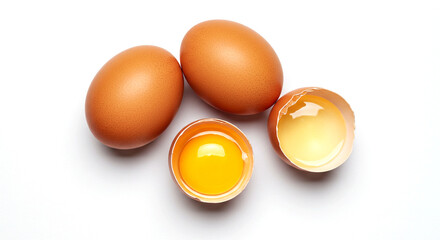 Fresh Brown Eggs on a White Surface, One Egg Cracked Open Revealing the Yolk, Perfect for Baking and Cooking Related Projects