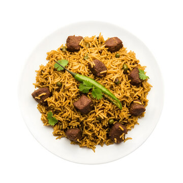 A Savory Plate of Bangladeshi Tehari a Beef and Rice Pilaf with Mustard Oil and Green Chilies on isolated transparent background