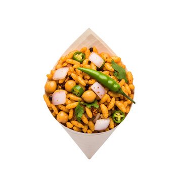 A Paper Cone of Bangladeshi Jhalmuri a Spicy and Crunchy Puffed Rice Street Snack on isolated transparent background