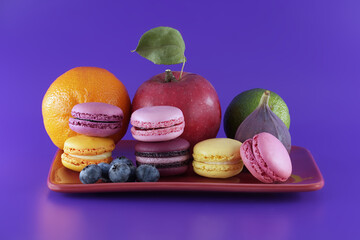 Vibrant scene of macarons and fruits over purple