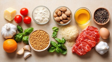 Top-down view of various food ingredients