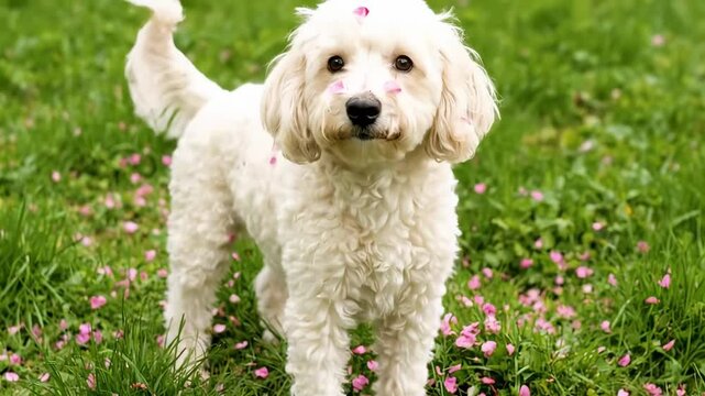 white goldendoodle mini - A fluffy dog walking through a garden scattered with pink flower petals, enjoying a sunny day, with vibrant greenery in the background