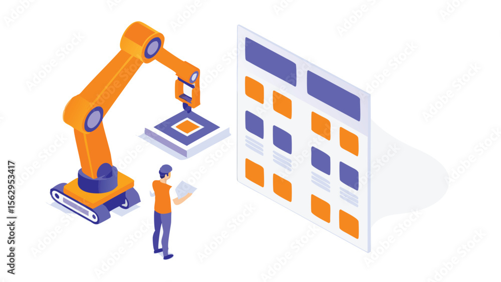 Poster isometric view of a robotic arm, a person holding a document, and a grid layout interface design