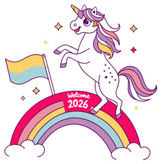 Cheerful white unicorn prancing over rainbow with yellow blue flag clouds stars