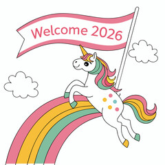 Unicorn jumping over pastel rainbow with welcome flag vector