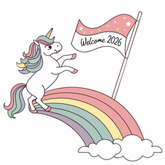 Unicorn leaping over pastel rainbow with welcome flag vector