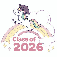 Unicorn with graduation cap jumping over pastel rainbow and clouds vector