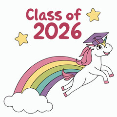 Unicorn jumping rainbow graduation cap stars vector