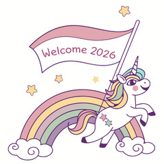 Unicorn jumping over pastel rainbow holding welcome flag vector