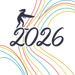 Surfer silhouette with colorful wavy lines and year surfboard waves