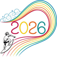 Surfer riding colorful wave with year twenty six surfboard rainbow