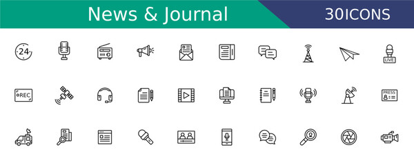 News & Journal Icons Set Vector. Line Style Icon Media, Journalism, Broadcasting for news portals, media, journalism websites and broadcast channels logo.