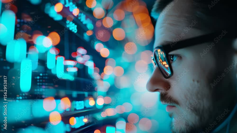 Poster a male technologist with glasses intently monitors a large, glowing digital screen filled with compl