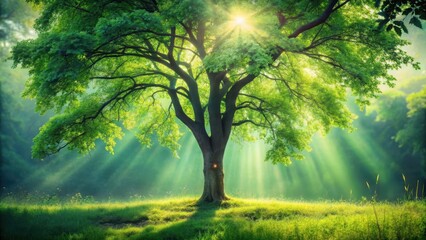 Majestic tree bathed in sunlight, serene landscape, peaceful nature scene, lush green foliage, vibrant spring colors