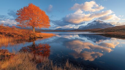 Autumnal lake scene with vibrant fall foliage and a majestic mountain reflection.