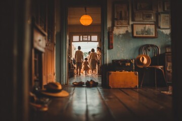 Obraz premium portrait of family checking into homestay removing shoes in entryway