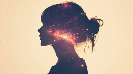 Profile silhouette of a woman filled with galaxy light illustrating cosmic thought inner space and consciousness female empowerment depicting inner beauty and the universe within