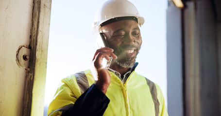 Happy, construction and black man with phone call talking for contact, logistics and maintenance. Engineering, contractor and mature person on smartphone for planning, infrastructure or communication
