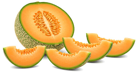 Cantaloupe Half with Seeds and Slices, Fresh and Juicy Orange Melon on a Plain Background, Perfect for Summer Refreshment and Healthy Eating