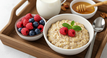 Nutritious Oatmeal Breakfast with Fresh Raspberries, Blueberries, Honey