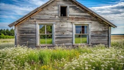 A weathered wooden structure, showing the passage of time, stands serene amidst a vibrant field of wildflowers, reflecting a peaceful countryside scene.