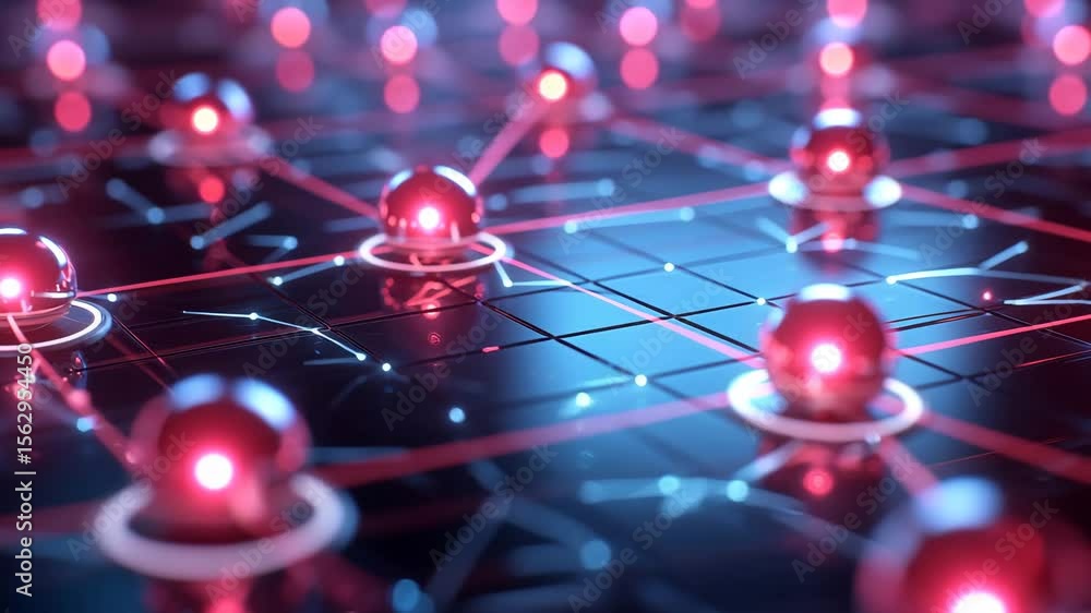 Poster a close-up of a futuristic network composed of glowing red spheres connected by laser-like lines on 