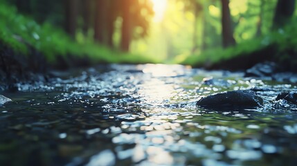 Fototapeta premium Gentle stream near tranquil trail path, peaceful nature scene with still water and illustrated light