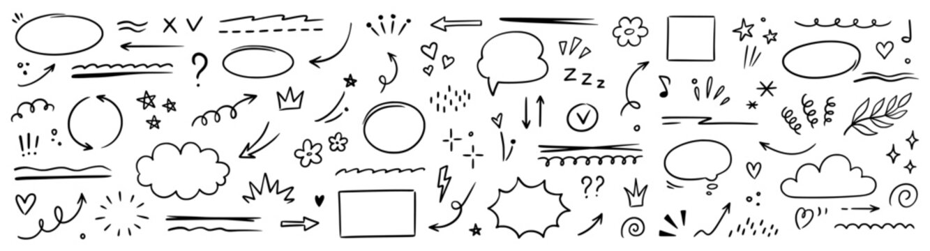 Line marker brush pen sketch underline set. Hand drawn pencil arrow, heart, star marker brush stroke icon element highlight scribble set. Cute swoosh, crown, speech bubble doodles. Vector illustration