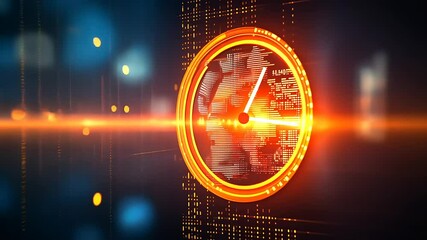 Futuristic clock design glowing in a digital landscape with abstract light effects and technology elements - Powered by Adobe