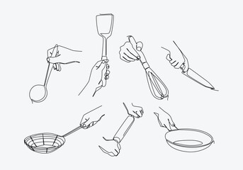 Set continuous one line drawing of hands holding kitchenware. Editable line. Vector illustration.