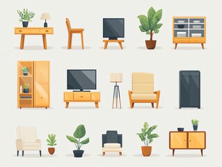 Modern Living Room Furniture Set Featuring Wooden Cabinets Armchair and Indoor Plants