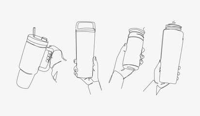 Set continuous one line drawing of hands holding different tumbler. Editable line. Vector illustration.