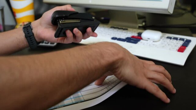 Hands stapling colorful printed charts in modern desk setup&mdash;ideal for business, reports, paperwork, or productivity visuals.