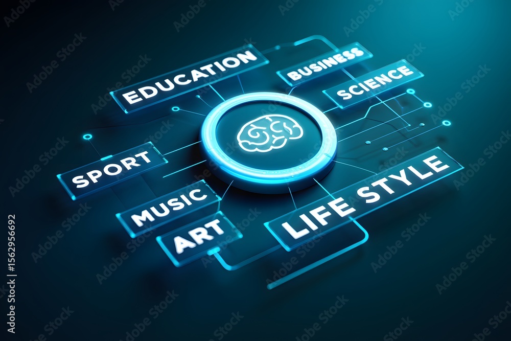 Poster technology and people concept man use ai to help work, ai learning and artificial intelligence conce