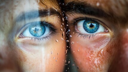 Close-up of two eyes through a wet pane