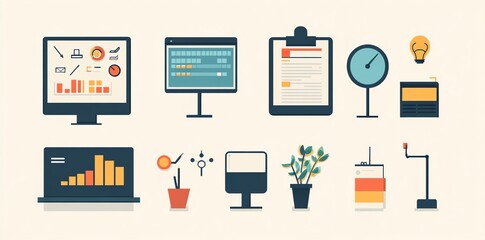 Set of Digital Technology Icons and Data Charts in Flat Style for Business and Data Analysis