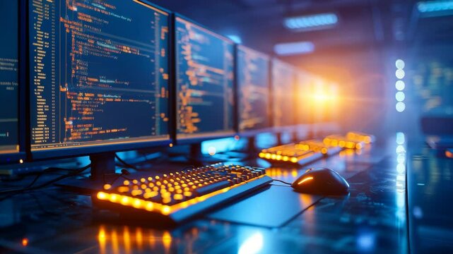 A row of computer monitors displaying lines of code in a dimly lit, futuristic server room or cybersecurity hub, symbolizing programming, data processing, and advanced technology.