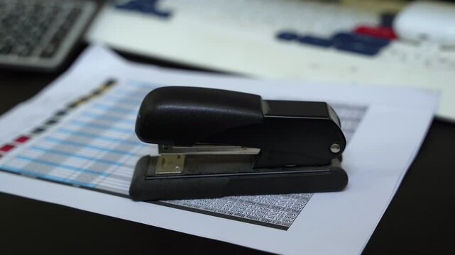 Black stapler resting on printed charts in organized desk scene&mdash;great for business, admin, and productivity visuals.
