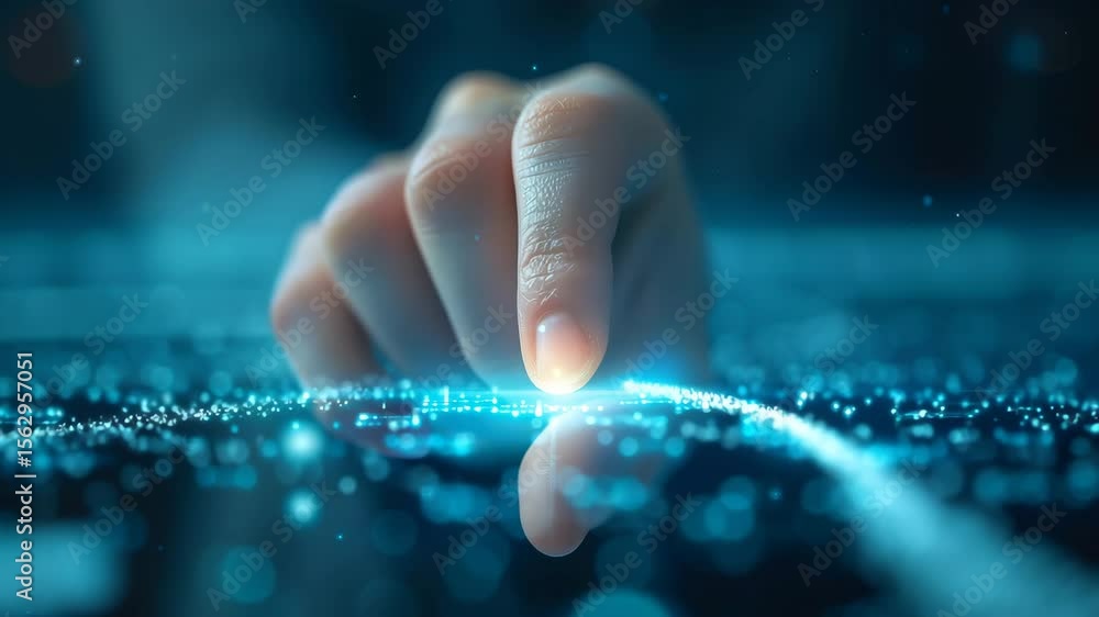 Poster a finger touches a shimmering line of blue light, representing a connection to digital information, 