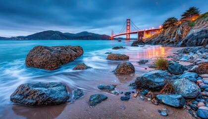 Golden Gate Bridge at dawn over water