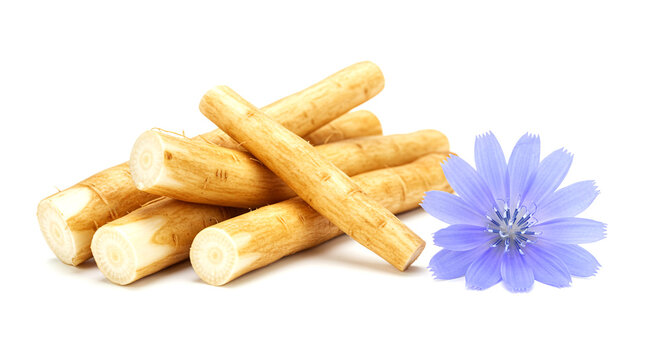 Chicory root pieces shown next to a delicate vibrant blue flower blossom on a white background