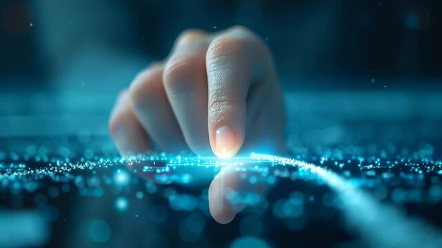 A finger touches a shimmering line of blue light, representing a connection to digital information, data flow, or the initiation of a technological process.