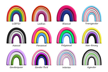 Set of colorful 3d LGBTQ+ pride flag rainbows Gender equality and sexual identity pride flags...