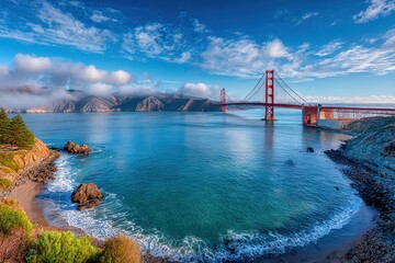 Naklejka premium Golden Gate Bridge panorama at sunrise