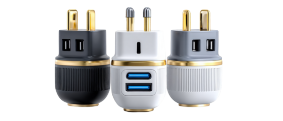 Three modern electrical plugs with USB ports, showcasing sleek designs against a white background