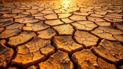 Closeup view of cracked, dry earth under the warm glow of a setting sun, depicting the harsh reality of drought
