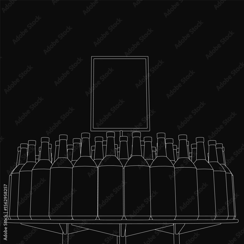 Aufkleber a black and white line drawing of a shelf stocked with bottled beer, featuring various bottle shapes